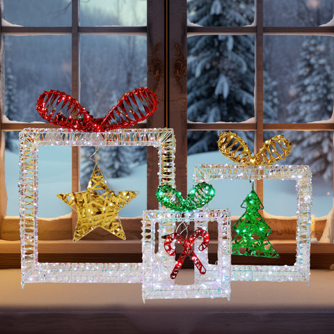 Set Of 3 Lighted Iridescent Cut-out Gift Box Christmas Decorations
