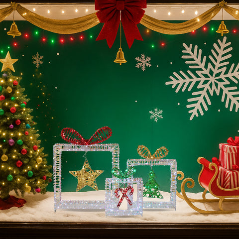 Set Of 3 Lighted Iridescent Cut-out Gift Box Christmas Decorations