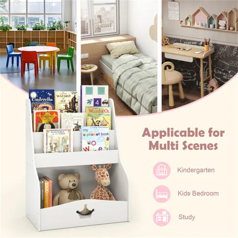 Kids 3-Tier Bookshelf & Toy Storage White - Open Compartment  Hidden Back Space