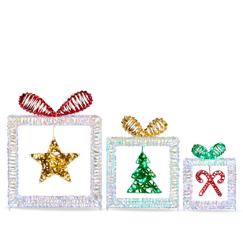 Set Of 3 Lighted Iridescent Cut-out Gift Box Christmas Decorations