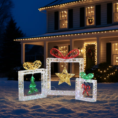 Set Of 3 Lighted Iridescent Cut-out Gift Box Christmas Decorations